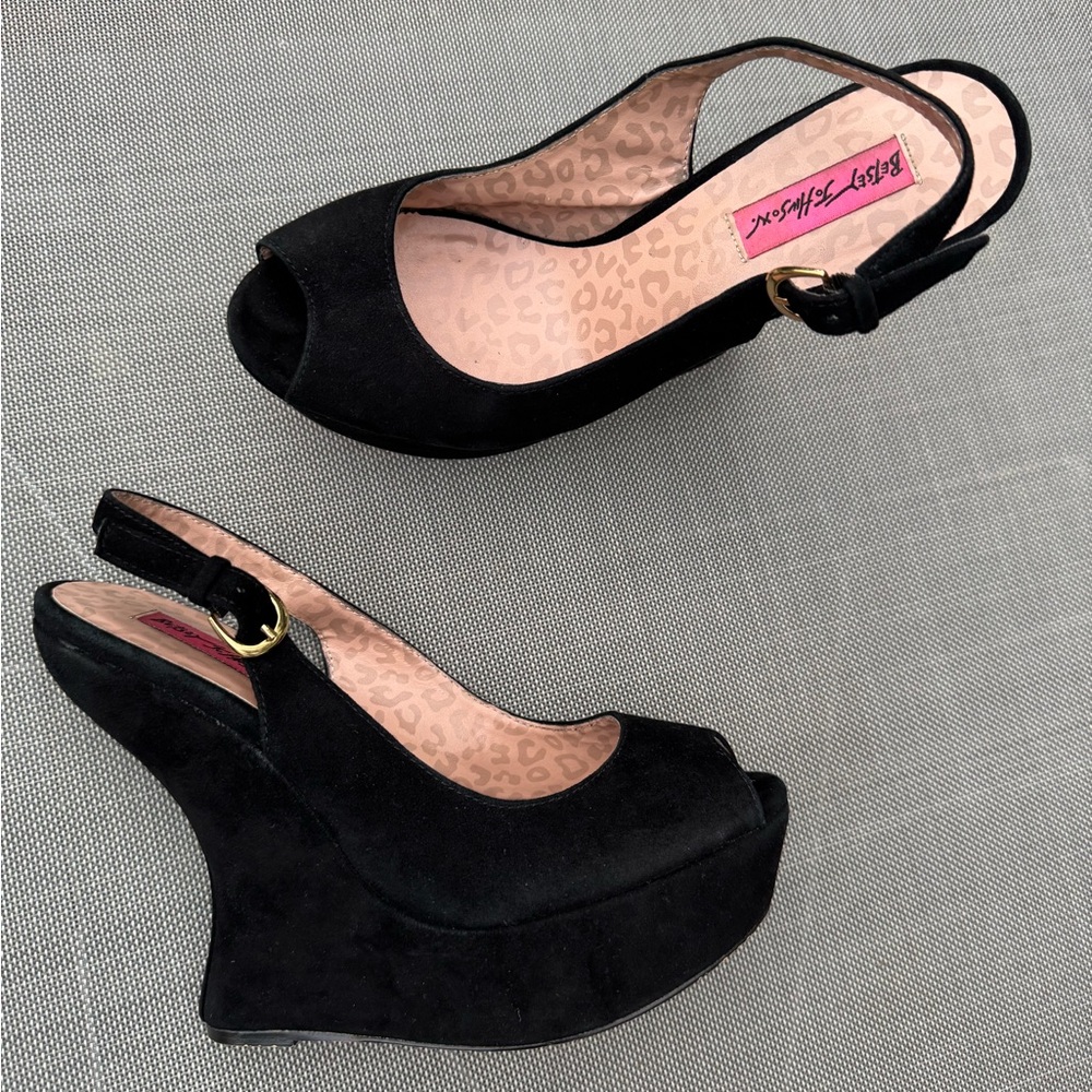Betsy Johnson Makenna Black Suede Wedge Heels.